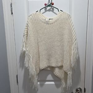 Chic Cream Fringed Sweater Poncho